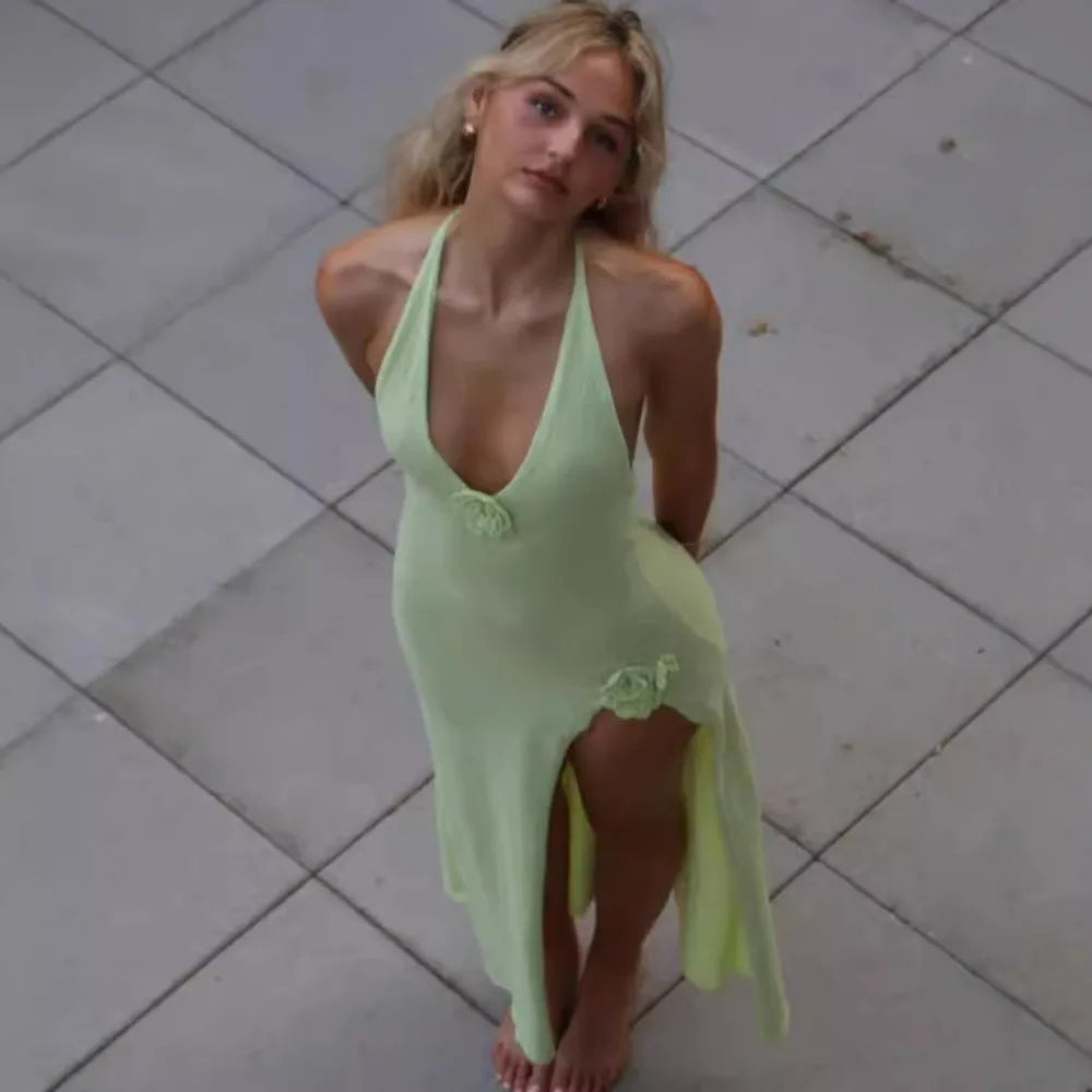 Bonnyshow Green Knitted Beach Dress Women Fashion Flower Slim Maxi Holiday Dresses Summer Sexy Split Halter Backless Club Party Dress Peplum Ruffle Cocktail