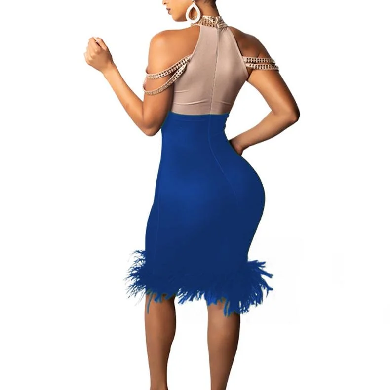 MB FASHION Embellished Halter Feather Trim Bodycon Party Dress 7853 LAST S Tunics Cozy comfortable
