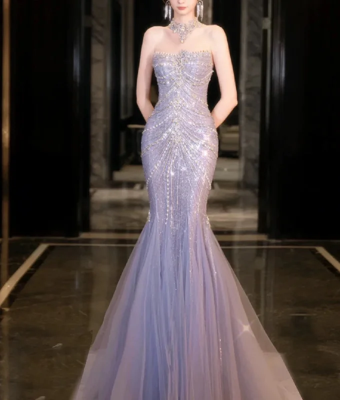 Bonnyshow Classy Mermaid High Neckline Tulle Lilac Beads Long Party Dress Prom Dresses SD1839 Tunics Polka dots