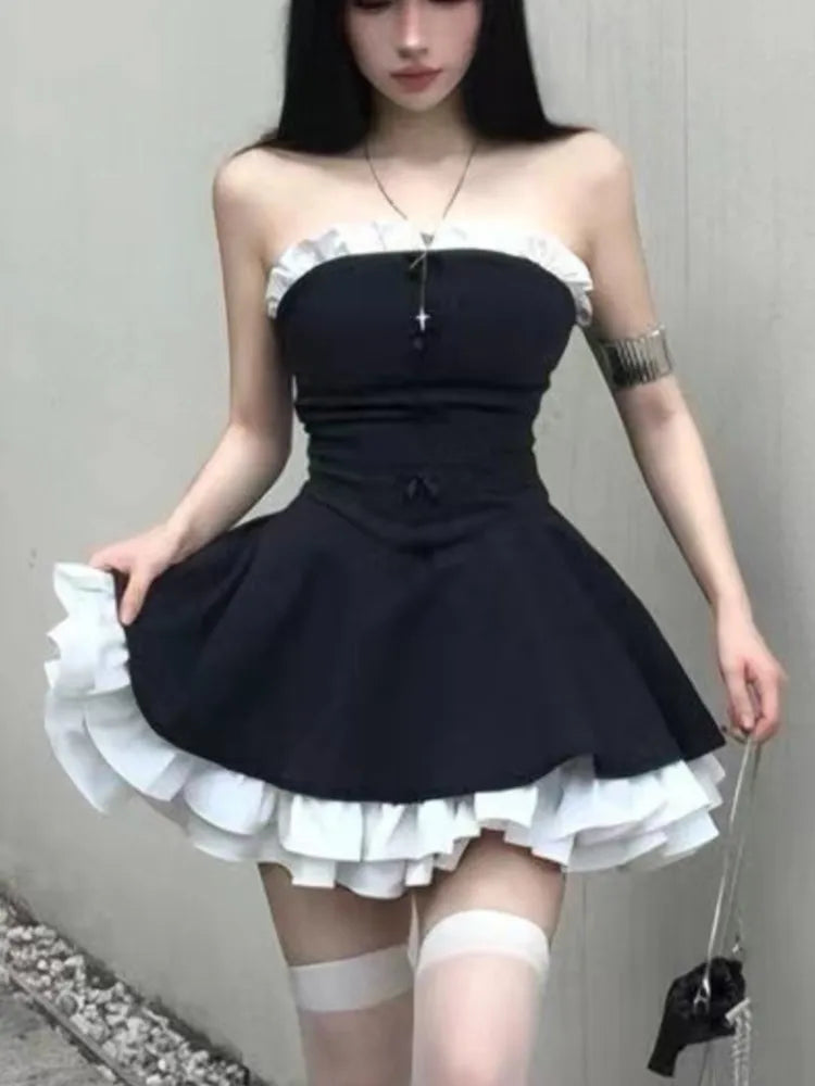 TAVIMART  -  Y2K Birthday Party Dress Strapless Patchwork Ruffles A-line Short Dresses for Women French Ball Gown One Piece Vestido Mujer Cowl Neckline Elegant