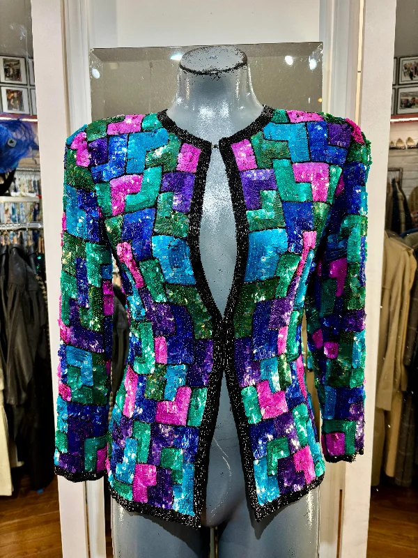 80’s Blue Muticolor Sequins Open Jacket By Stenay Wool Jacket Cashmere Jacket Tweed Jacket