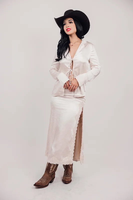 Satin Lace Slit Maxi Skirt corduroy skirt durable