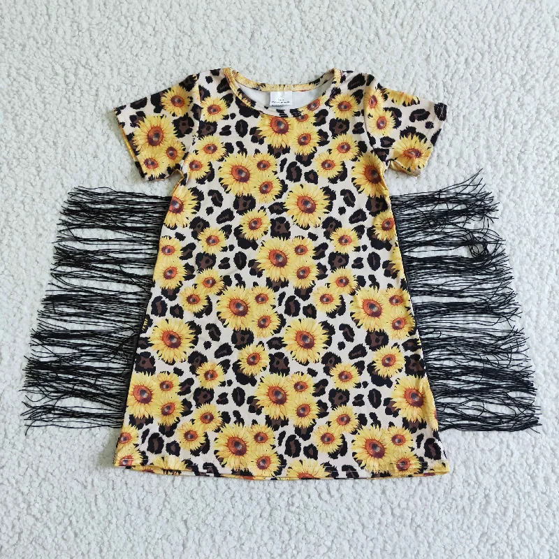 GSD0055 Girls Sunflower Leopard Print Tassel Short Sleeve Skirt lace skirt intricate