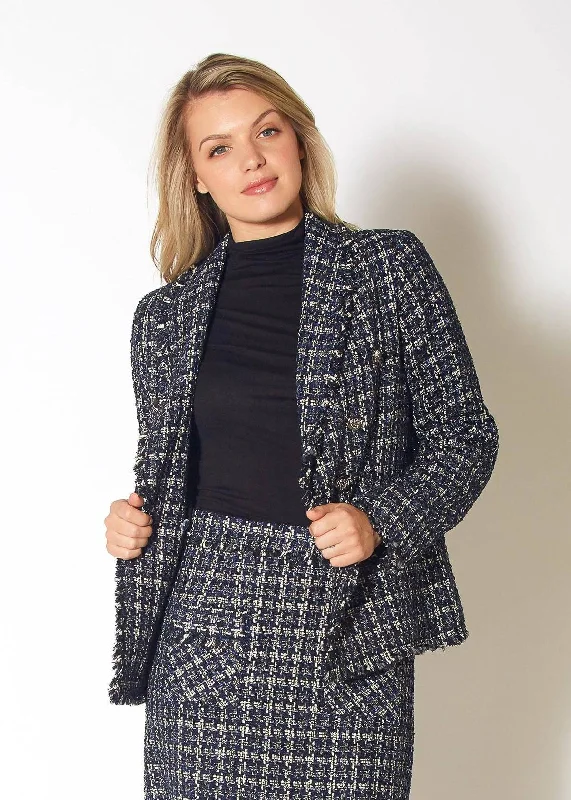 Pleione Women's Tweed Fringe Hem Blazer Jacket in Navy Tweed Insulated Jacket Fitted Jacket Loose Jacket