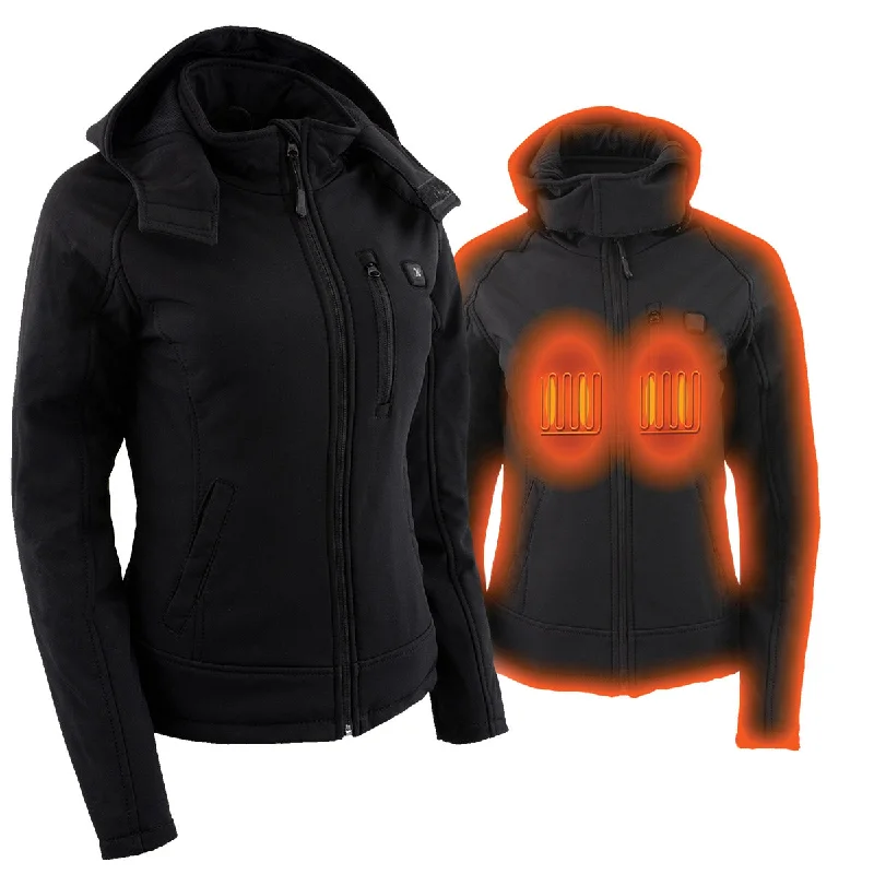 Nexgen Heat MPL2767SET Women's Black 'Heated' Soft Shell Jacket with Detachable Hood for Riding , Hiking w/ Battery Satin Fabric Silk Fabric Chiffon Fabric