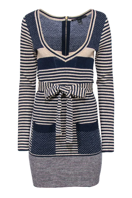 Marc by Marc Jacobs - Beige & Navy Striped & Polka Dot Sparkly Sweater Dress Sz M Fleece Fabric Down Fabric Feather Fabric