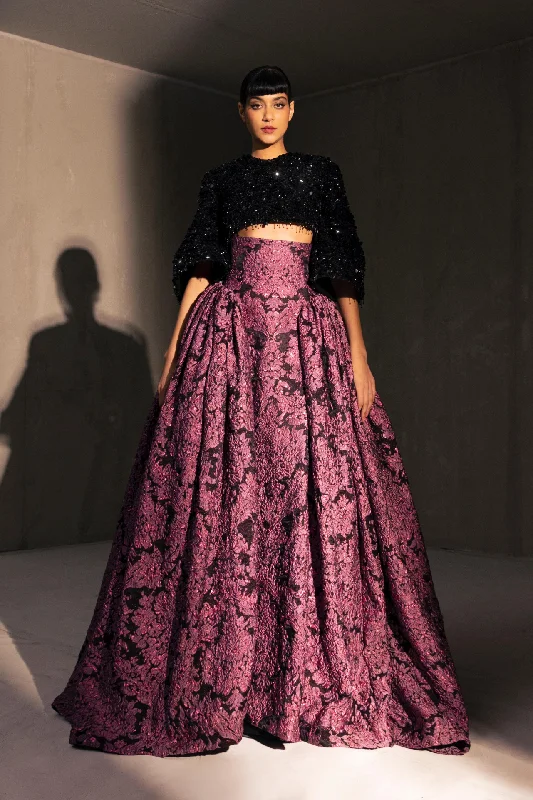 Embroidered top with brocade skirt velvet skirt luxurious