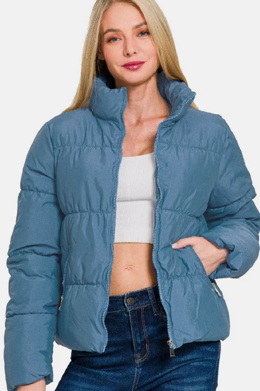 Zenana Zip Up Turtleneck Puffer Jacket with Pockets In Blue Fitted Jacket Loose Jacket Oversized Jacket Zenana Zip Up Turtleneck Puffer Jacket with Pockets In Blue Fitted Jacket Loose Jacket Oversized Jacket