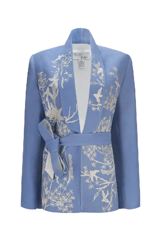 NYLA POWDER BLUE BELTED JACKET One-Shoulder Jacket Off-the-Shoulder Jacket Asymmetrical Jacket
