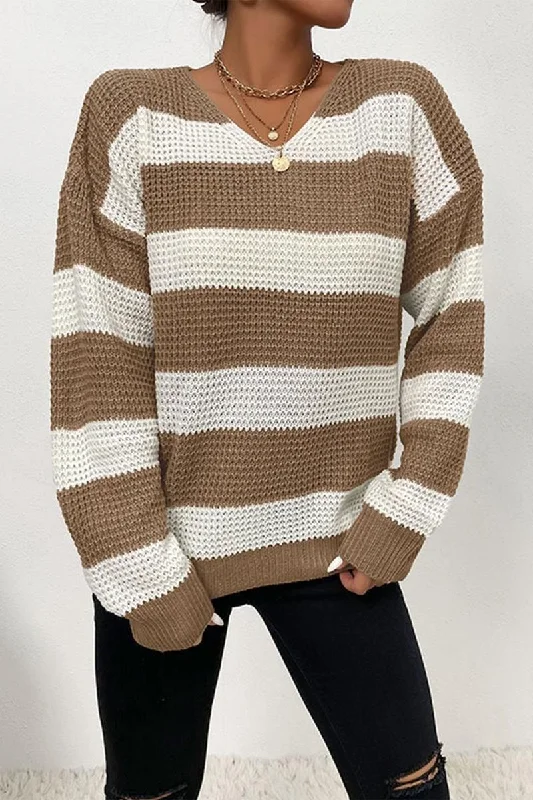 CASUAL STRIPE WAFFLE KNIT SWEATER Glossy Satin Silk