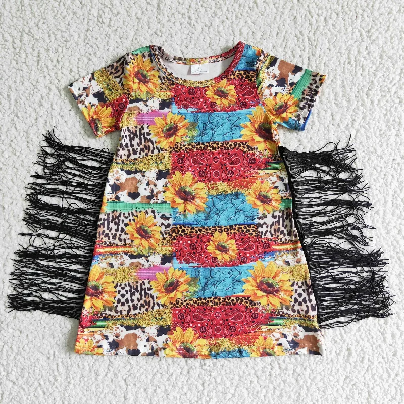 GSD0057 Girls leopard print cow print sunflower sunflower fringed short-sleeved skirt chiffon skirt airy