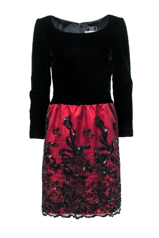 Carolina Herrera - Black Velvet & Red Mesh Overlay Skirt w/ Sequins Sz 4 elastic waist skirt