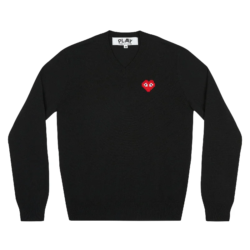 Play Comme des Garçons x the Artist Invader V-Neck Sweater (Black) Solid Print Embellished