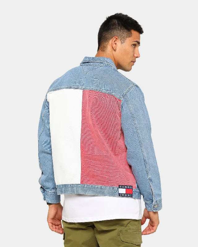 Tommy Jeans Men's Tommy Flag Oversize Trucker Jacket Light Blue Print Jacket Jacquard Jacket Embroidered Jacket