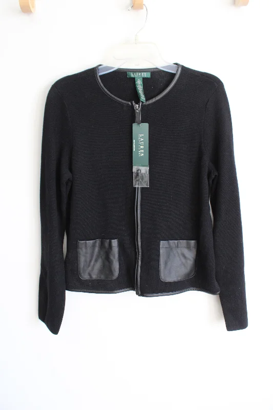 NEW Ralph Lauren Black Knit Zip Up Sweater Jacket | M Cotton Fabric Linen Fabric Terry Fabric