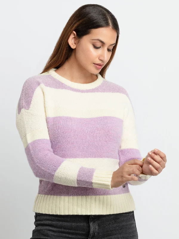 Womens Striped Round Neck Sweater Polka Dot Checkered Tartan