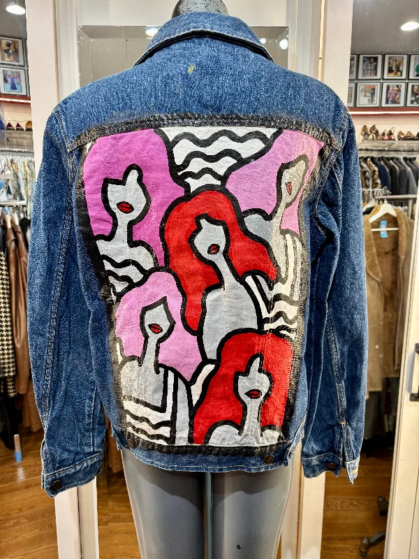 00’s Dark Blue Italian Custom Hand Painted Denim Jacket Art Pop Girls Boat Neck Shawl Collar Notched Collar