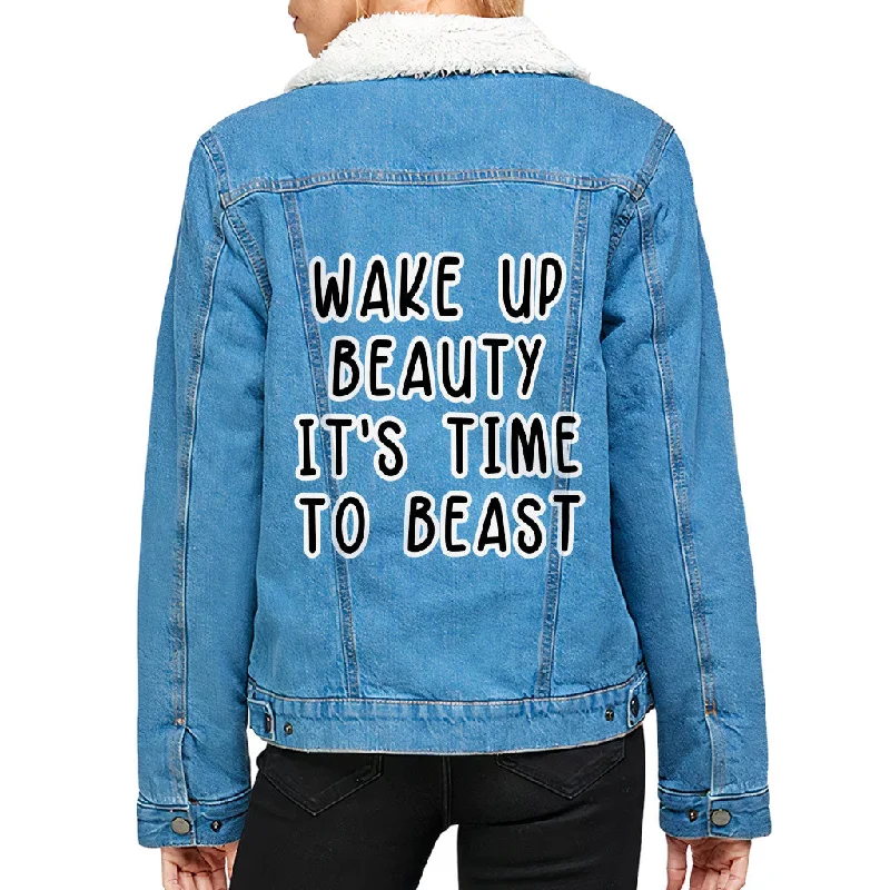 Wake Up Beauty It's Time to Beast Women's Sherpa Denim Jacket - Funny Ladies Denim Jacket - Quote Denim Jacket Satin Fabric Silk Fabric Chiffon Fabric