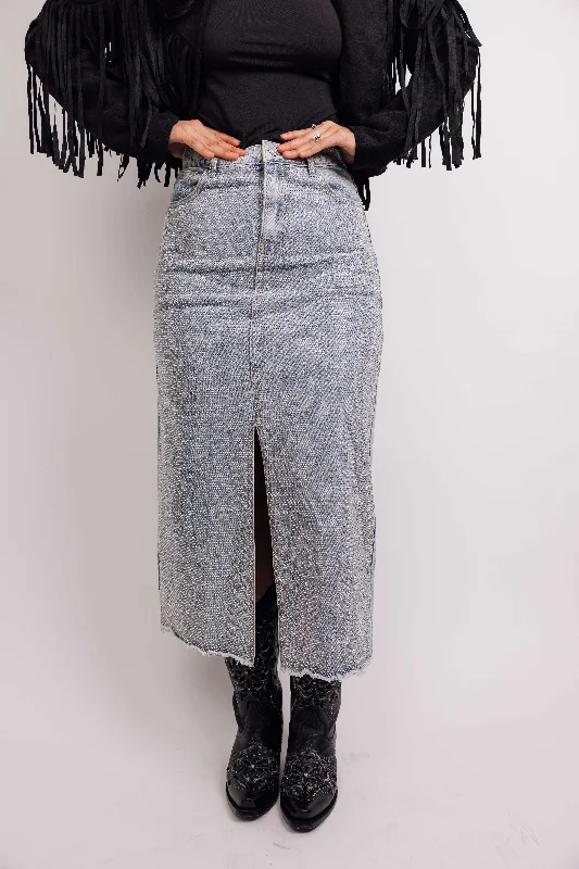 Mid Rise All Over Sparkle Slit Maxi Skirt denim skirt fashionable