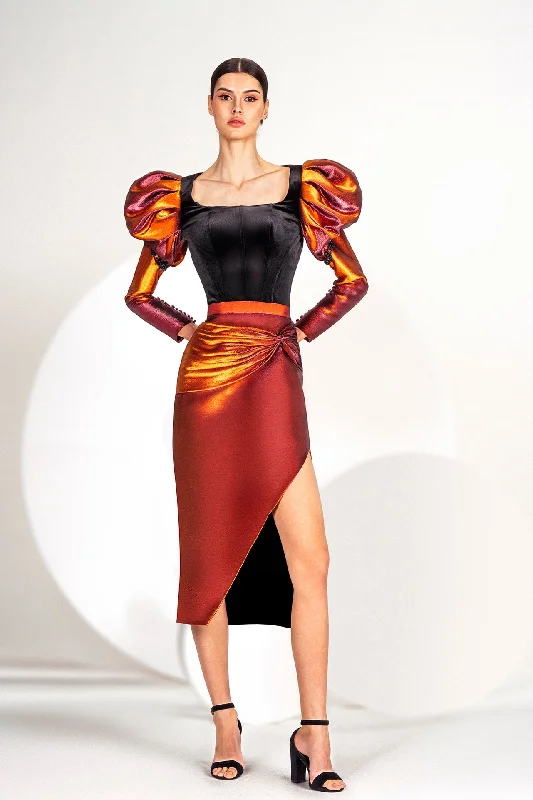 Pleated shoulders top with asymmetrical skirt cashmere skirt rich
