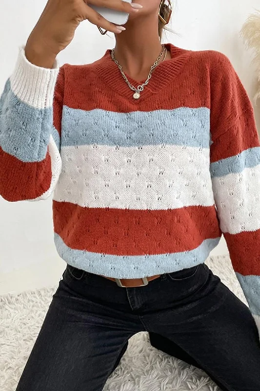 PATTERN KNIT STRIPE CASUAL SWEATER TOP Velvet Chenille Corduroy