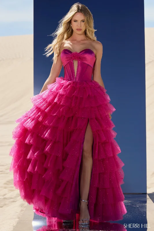 Sherri Hill 56804 Strapless Ball Gown with Keyhole Bodice, Tulle Ruffle Skirt and High Slit linen skirt breathable