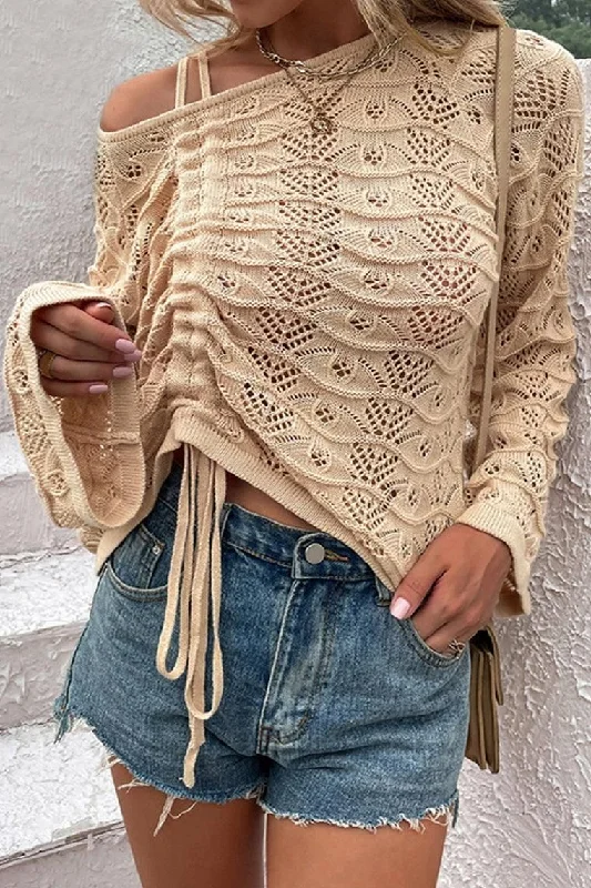 LOOSE FIT DRAWSTRING HOLLOW KNIT SWEATER Notch Collar Peter Pan Collar Cowl Neck
