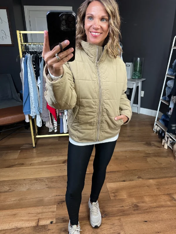 Favored For Fall Quilted Jacket - Taupe Nylon Fabric Polyester Fabric Spandex Fabric