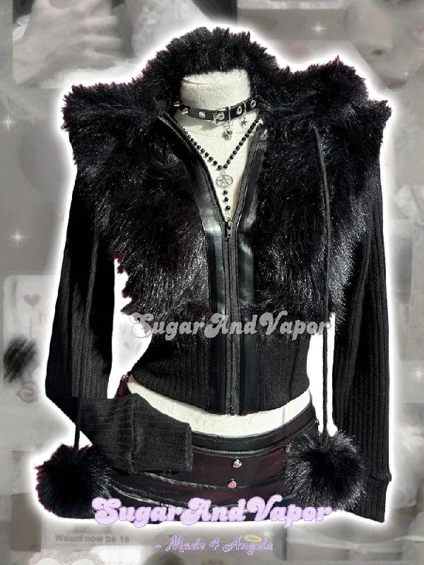 Vivian Dark Faux Fur Hooded Jacket Mesh Jacket Canvas Jacket Denim Jacket