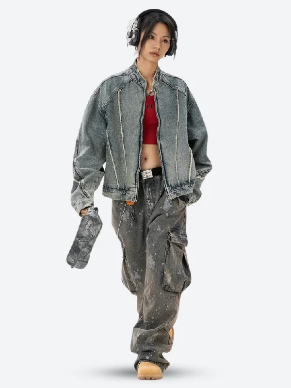 Cyberpunk Zip-Up Denim Jacket Welt Pockets Slit Pockets Flap Pockets