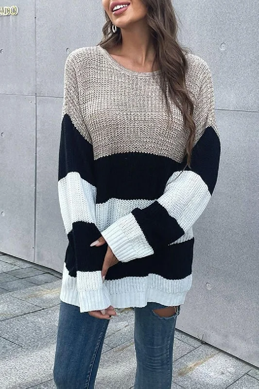 STRIPED ROUND NECK KNITTED SWEATER Chenille Blend Fleece Blend Nylon Blend