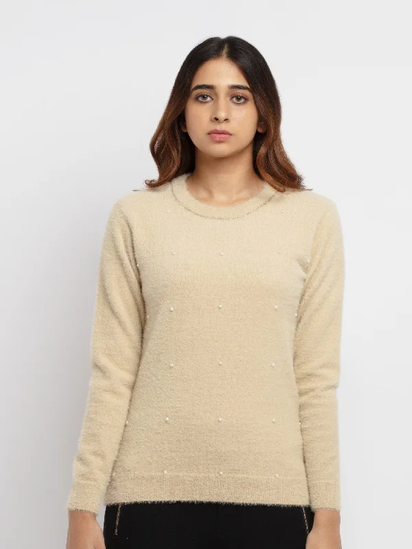 Women's Pearl Embellished Sweater Front Pockets Side Pockets Patch Pockets