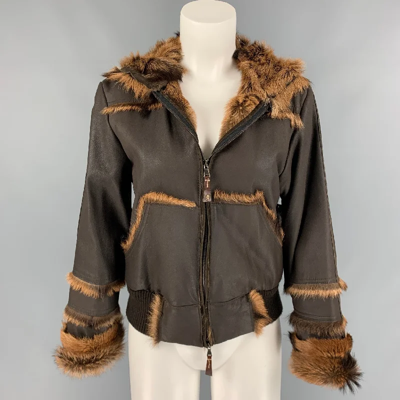 HENRY BEGUELIN Size 4 Brown & Tan Chamois Leather Hoodie Zip-Up Jacket Knit Jacket Woven Jacket Fleece Jacket
