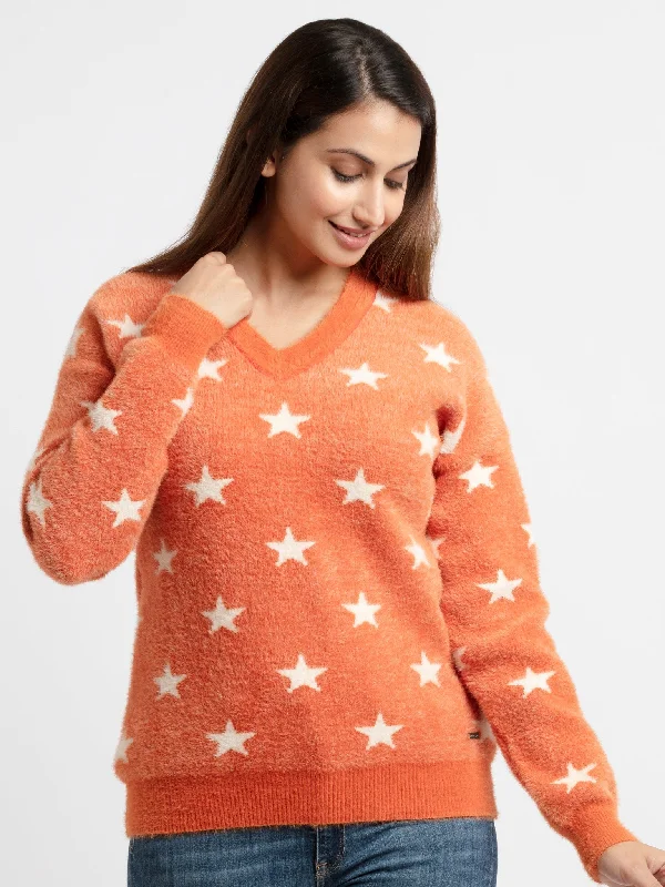 Women'ss Jacquard V Neck Sweater Iron Safe Non-Iron Wrinkle Free