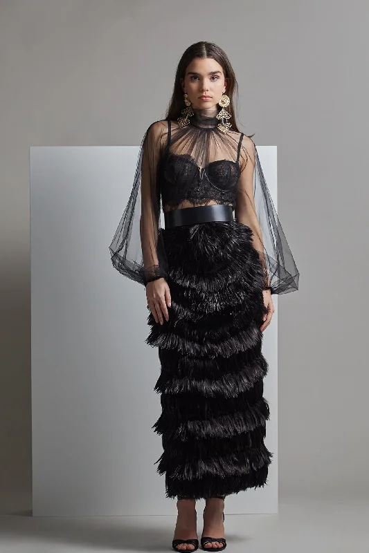 Puff sleeves top with feathered skirt linen skirt breathable