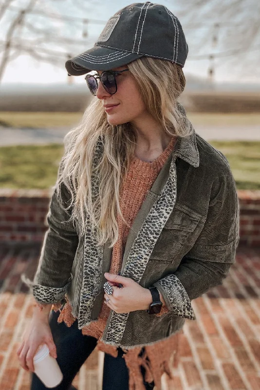 Gray Contrast Snakeskin Trim Pocketed Corduroy Jacket Denim Jacket Leather Jacket Suede Jacket