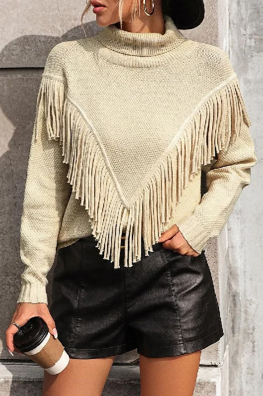 WOMEN TURTLE NECK TASSEL DETAILED SWEATER Real Fur Shearling Chenille