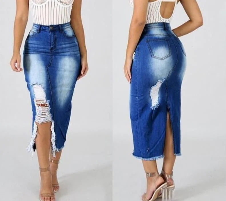 Denim High Waist Ripped Hole Maxi Skirt linen skirt airy