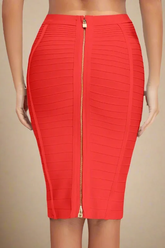Pencil High Waist Bandage Knee Length Knitted Skirt - Lipstick Red asymmetrical skirt cut
