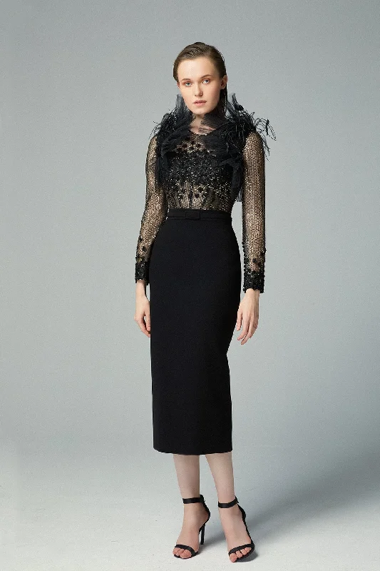 Mesh feathered top with midi skirt corduroy skirt comfortable