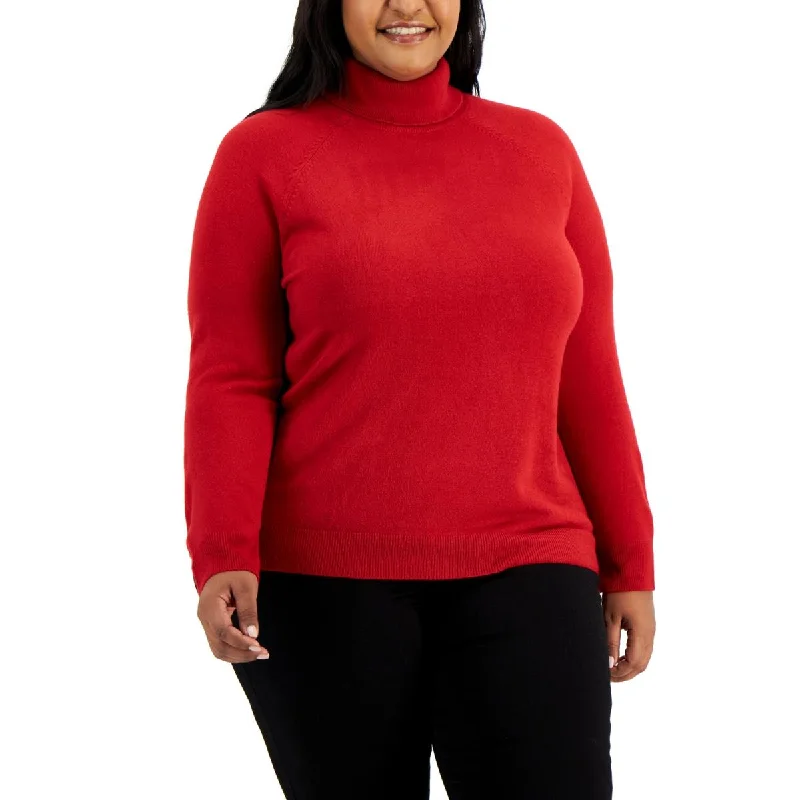Karen Scott Womens Plus Ribbed Trim Cozy Turtleneck Sweater Wool Fabric Cashmere Fabric Tweed Fabric