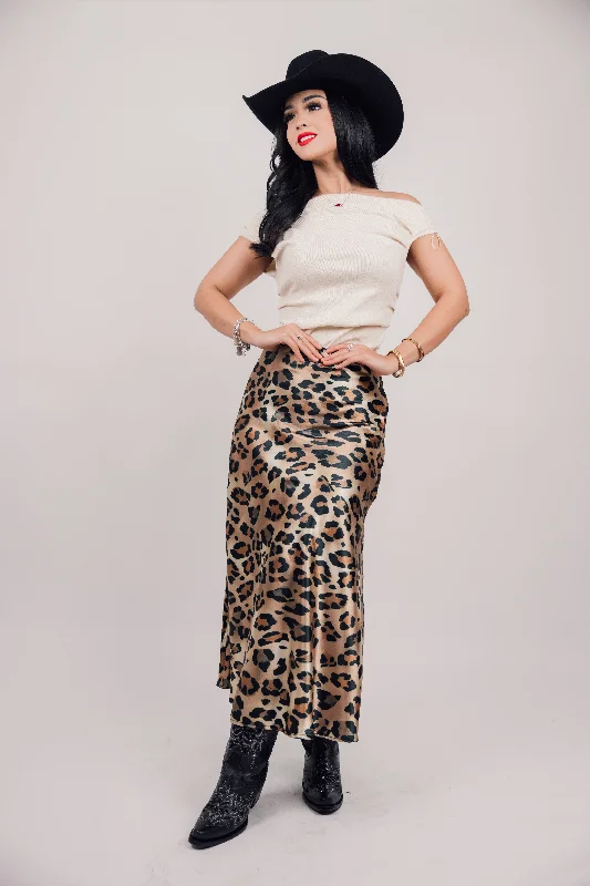 Vintage Leopard Print Satin High Waist Midi Skirt leather skirt bold
