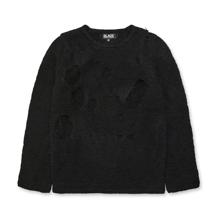 BLACK Comme Des Garçons Distressed Crewneck Sweater (Black) Terry Blend Velvet Blend Canvas Blend