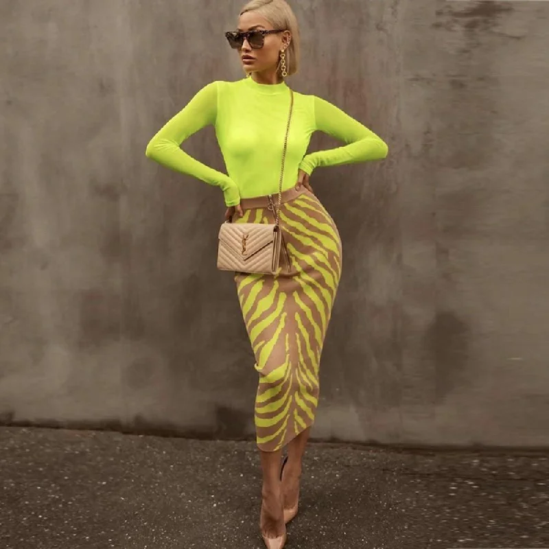 Long Lime Zebra Print Bandage Midi Skirt summer skirt style