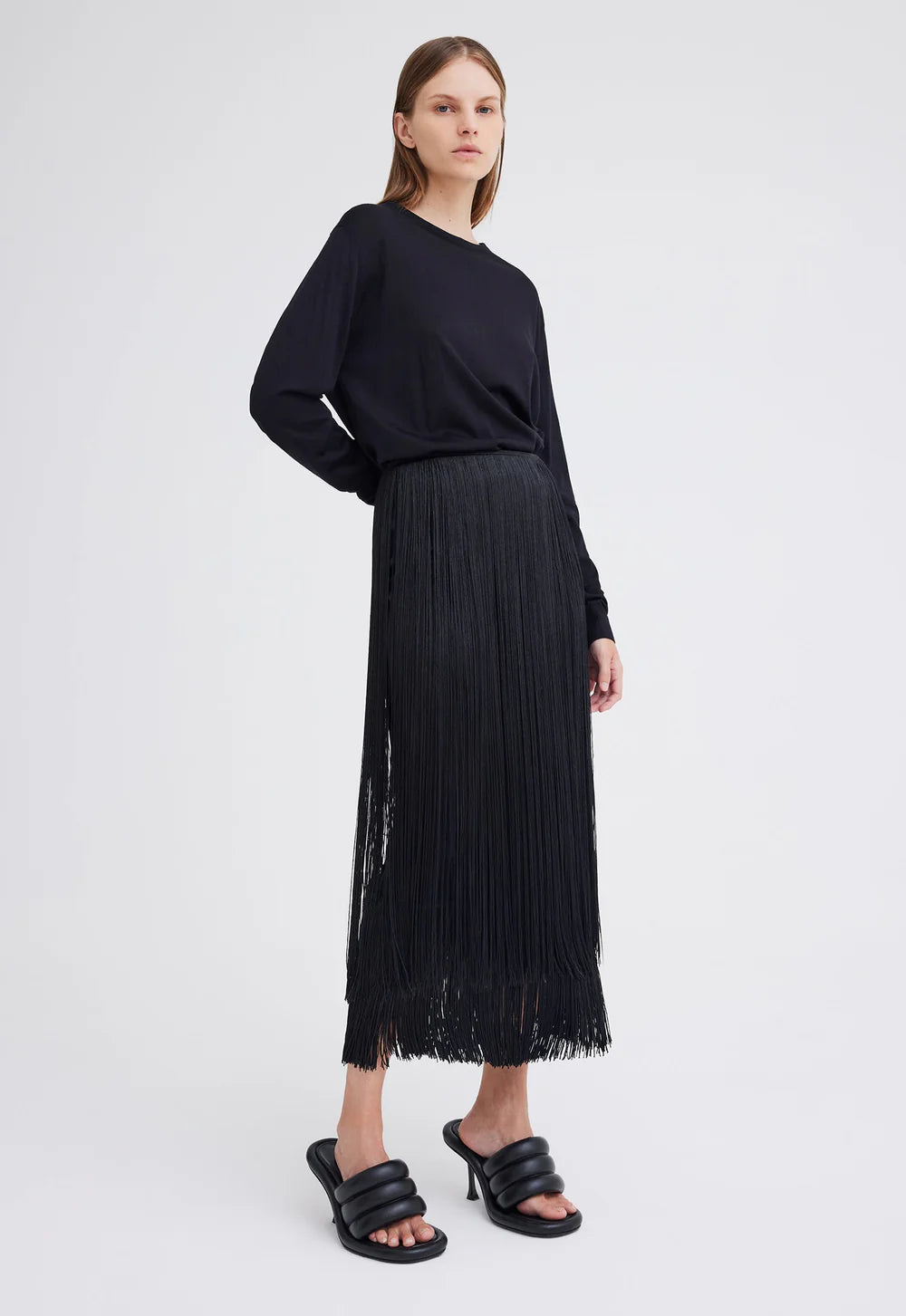 Marquee Wool Fringe Skirt in Black pleated skirt texture