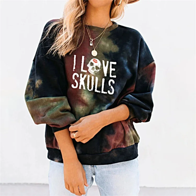 Casual Women Sweater Tie Dye Skull Letter Print Round Neck Sweatshirt Zippered Front Buttoned Front Snap Front