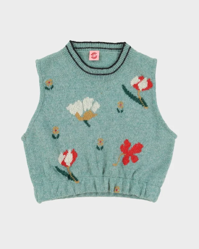 Rokit Originals Green Floral Patterned Sweater Vest - S / M Iron Safe Non-Iron Wrinkle Free