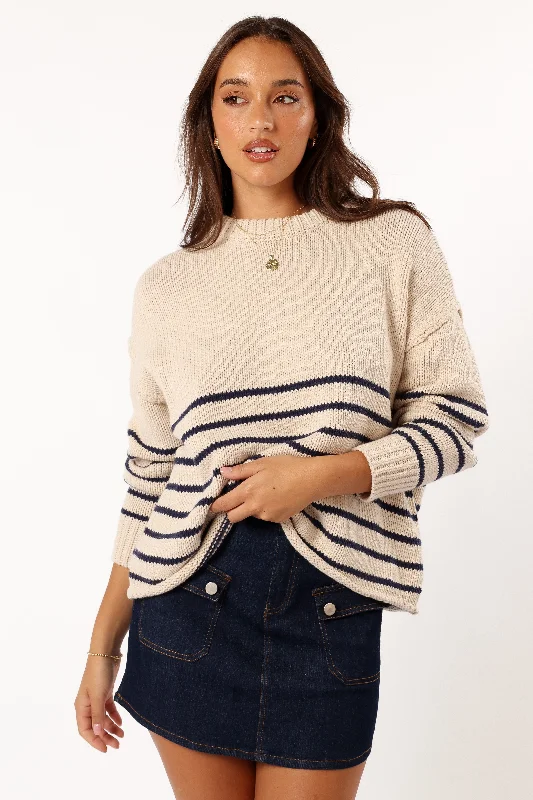 Tenzie Stripe Knit Sweater - Natural Navy Chenille Blend Fleece Blend Nylon Blend