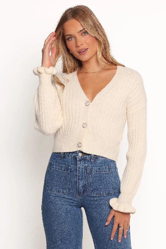 Zana Ribbed Ruffle Cuff Knit Sweater - Cream Satin Fabric Silk Fabric Chiffon Fabric