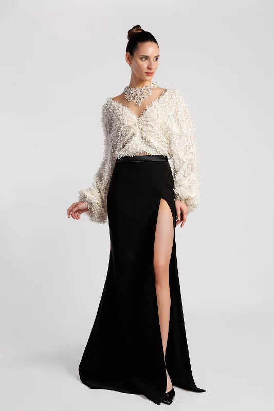 High slit crepe skirt with floral top corduroy skirt cozy